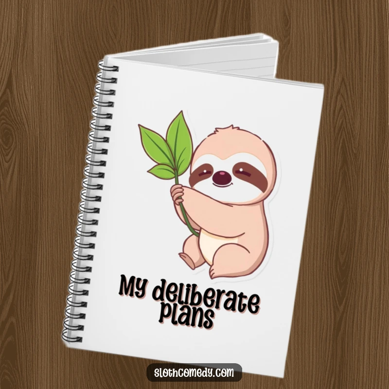 Funny Kawaii Sloth Leaf Notebook with a cute sloth slowly reaching for a leaf, perfect for journaling and humorous note-taking.