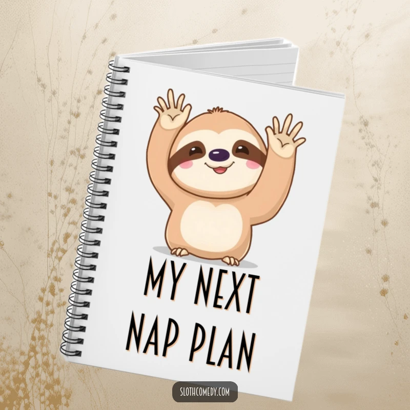 Funny kawaii sloth notebook, featuring a cute sloth's slow, funny wave, ideal for journaling, note-taking, and doodling with humor.