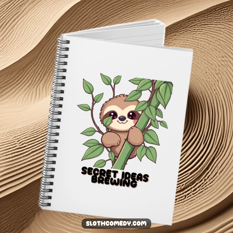 Funny kawaii sloth notebook with a sloth peeking from behind a vine, perfect for playful note-taking and creative journaling.