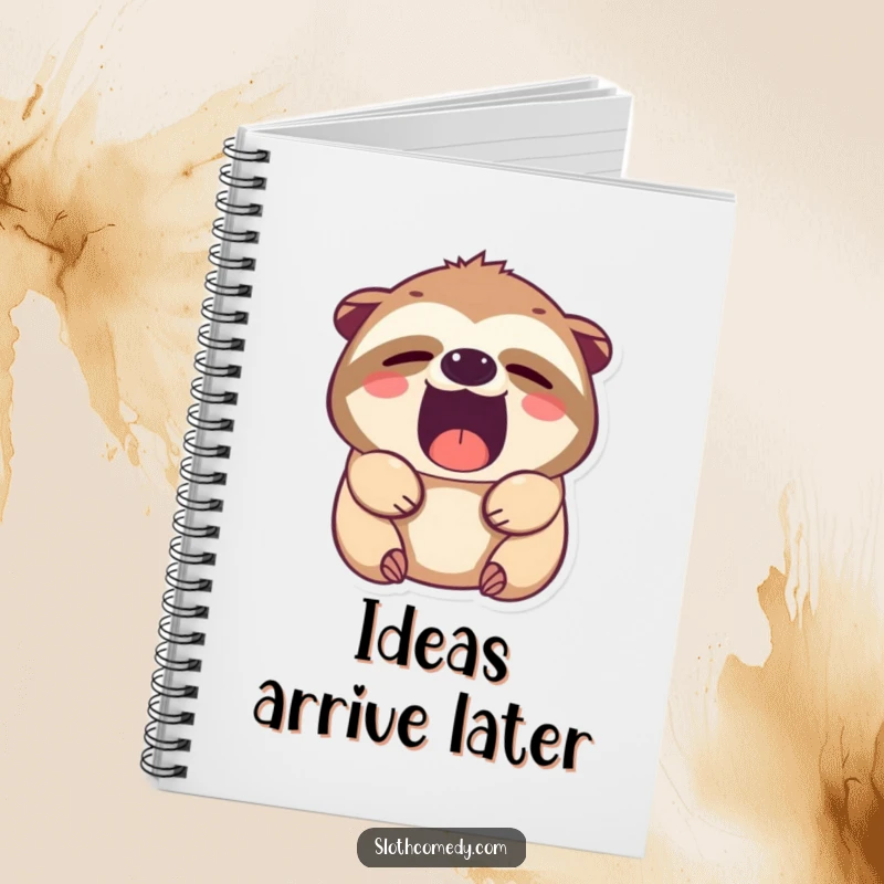 Funny Kawaii Sloth Notebook, showcasing a cute sloth with sleepy eyes in a wide, humorous yawn, perfect for note-taking and journaling.