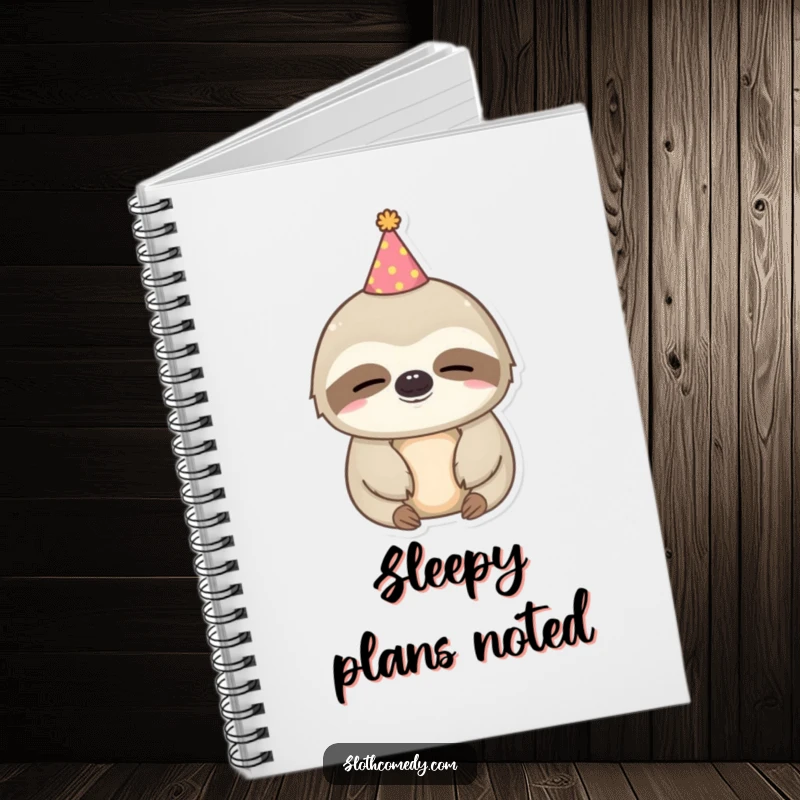 Funny kawaii sloth notebook featuring a sleepy sloth wearing a tiny party hat, ideal for jotting down thoughts.