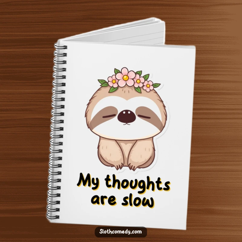 Funny notebook with a sleepy sloth in a flower crown, perfect for journaling thoughts and dreams, a funny gift.