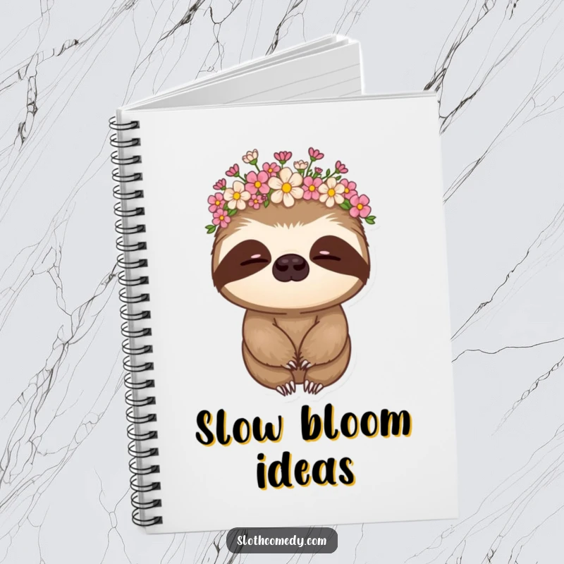 Funny sloth notebook cover featuring a sloth in a flower crown, nodding slowly, inspiring calm thoughts.