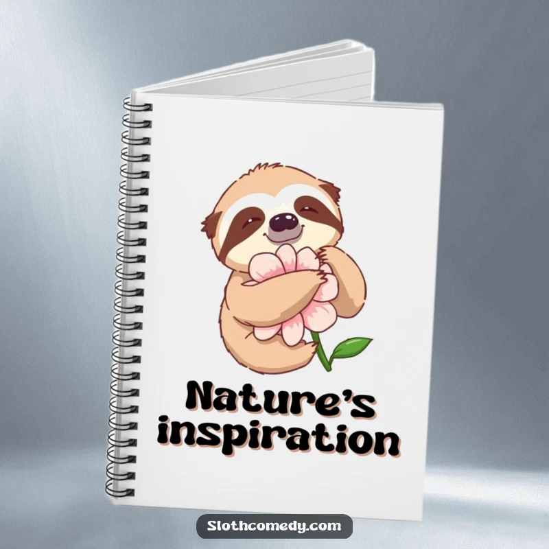 Funny Notebook with a sloth slowly embracing a large flower, inspiring calm thoughts and nature appreciation.
