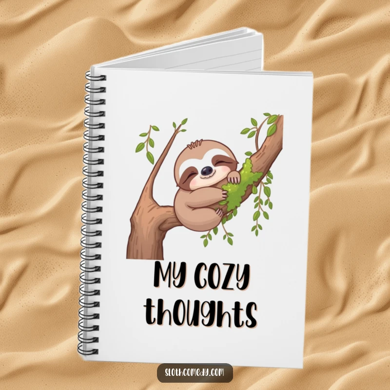 Funny sloth notebook cover with a sloth hugging a mossy branch, evoking peace, nature, and creative inspiration.