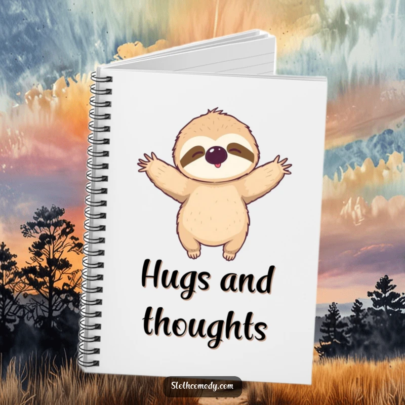 Funny Notebook: A sloth with arms outstretched offers a relaxed hug, perfect for journaling thoughts.