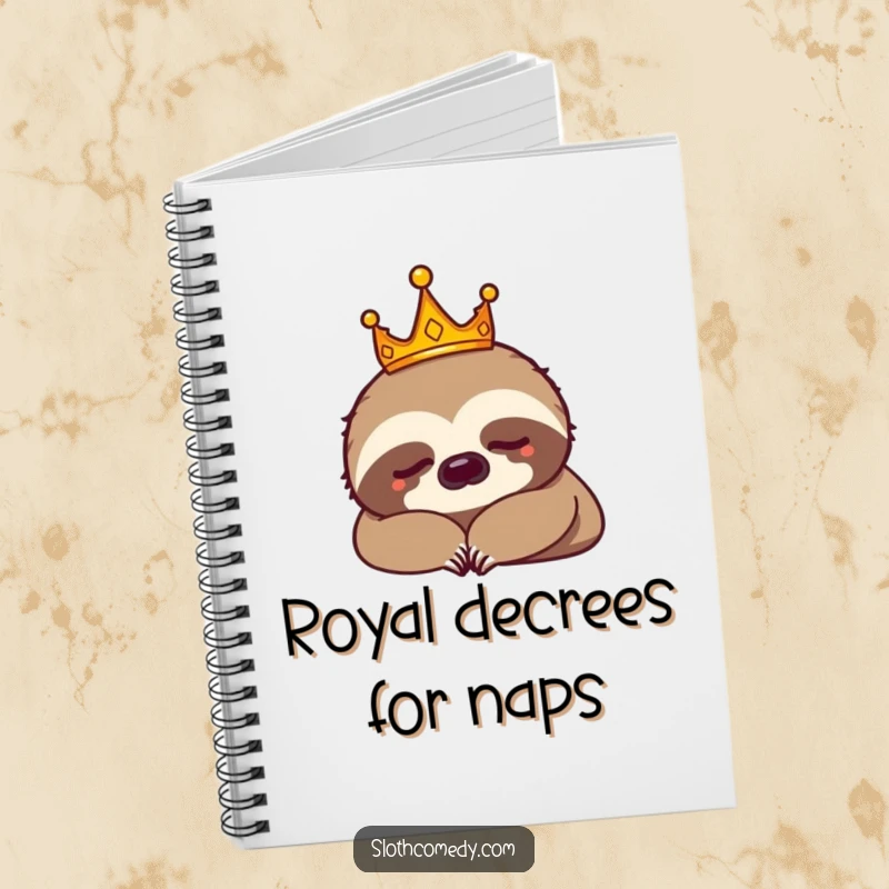 Funny sloth king with a tiny crown napping on a notebook cover. Perfect funny gift for writers.