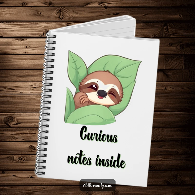 Funny notebook with a sloth peeking from a leaf with a slow blink, encouraging thoughtful writing.