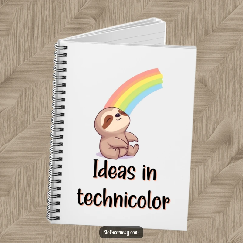 Funny Notebook with a sloth looking blissfully at a beautiful rainbow, inspiring hopeful thoughts and creative writing.