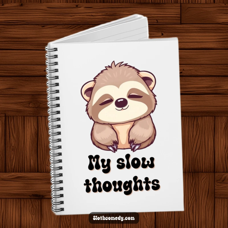 Funny Notebook with a kawaii sloth slowly blinking, wide peaceful eyes, ideal for journaling and capturing peaceful thoughts.