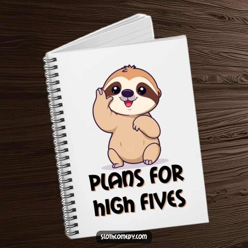 Funny notebook cover showcasing a sloth's hilariously slow and careful high-five, perfect for jotting down deliberate thoughts humorously.