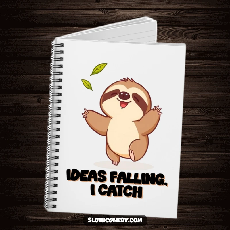 Funny notebook with a cover showing a sloth comically trying to catch a falling leaf, perfect for jotting down efforts.