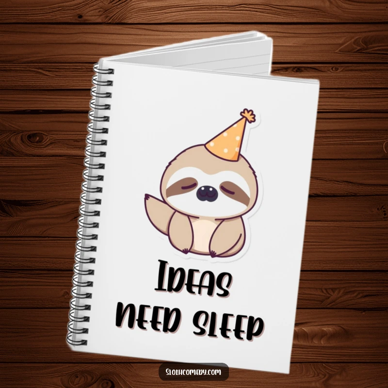 Funny kawaii sloth wearing a tiny party hat, looking sleepy on a notebook, for jotting down slow thoughts humorously.