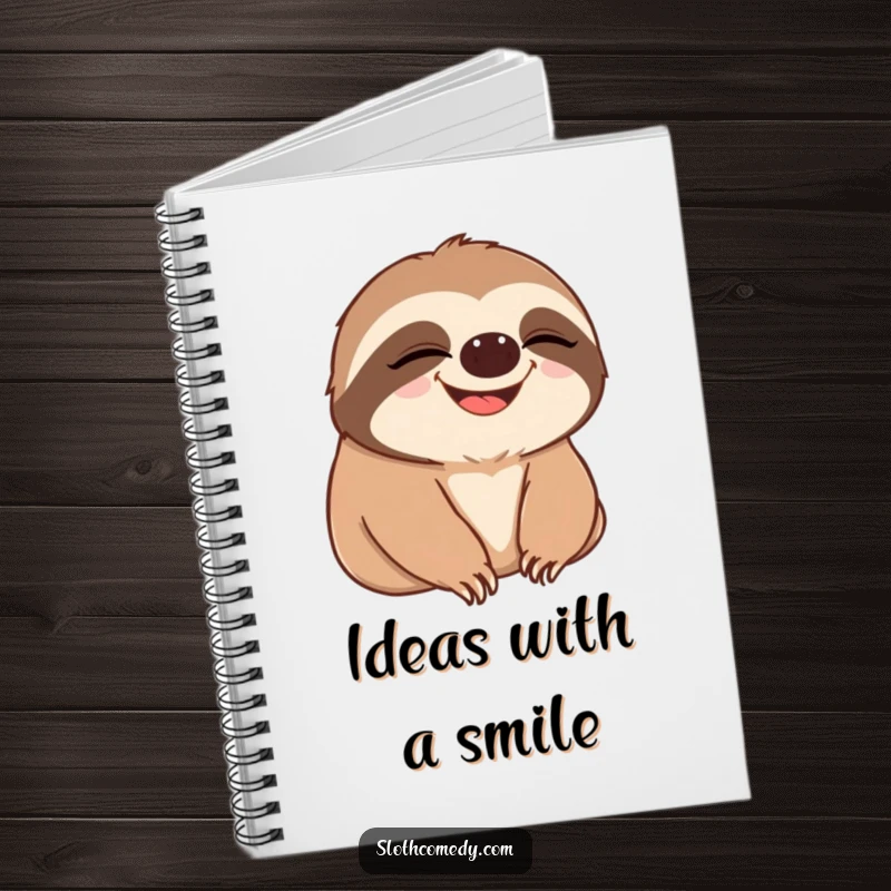 Funny notebook with a cover illustration of a sloth slowly blinking, then breaking into a wide, happy grin, ideal for journaling.