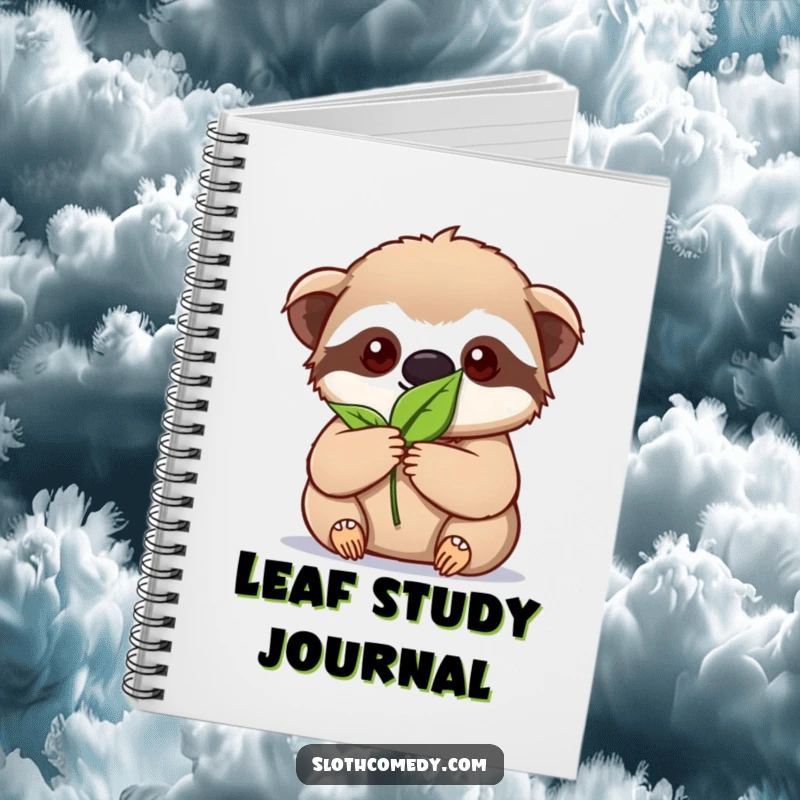 Funny kawaii sloth notebook featuring intense focus on holding a single leaf, ideal for jotting down focused thoughts.