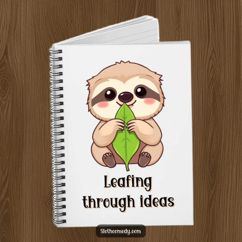 Funny kawaii sloth holding a single leaf with intense focus on a notebook, for humorously recording detailed thoughts.