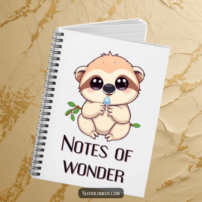 Magical notebook with a cover illustration of a sloth with sparkling eyes, gently holding a single dewdrop, ideal for journaling.