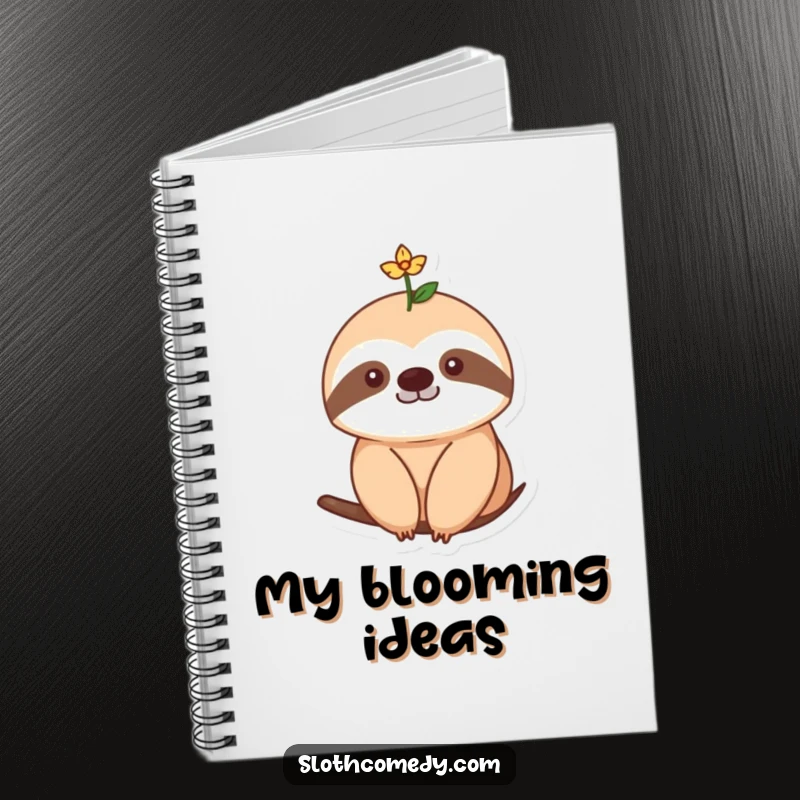 Funny Notebook featuring a sloth with a single, tiny flower blooming on its head, perfect for journaling and nature-inspired creativity.