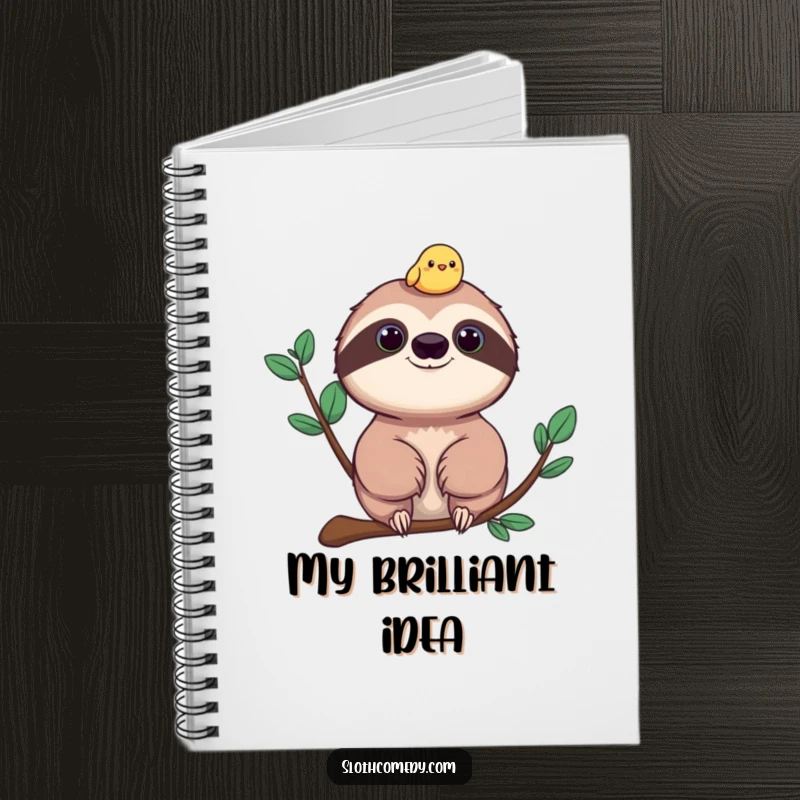 Funny sloth and bird notebook, a journal featuring a sloth with a cheerful bird perched on its head.