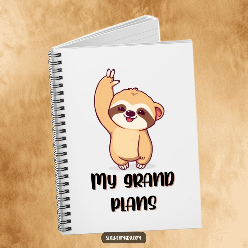 Funny Kawaii Sloth Notebook: Lined pages with a sloth dramatically stretching one arm upwards, perfect for jotting down ambitious ideas.