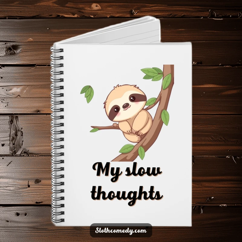 Funny notebook featuring a cute sloth character inching along a branch, designed for capturing ideas at a leisurely pace. A humorous journal.