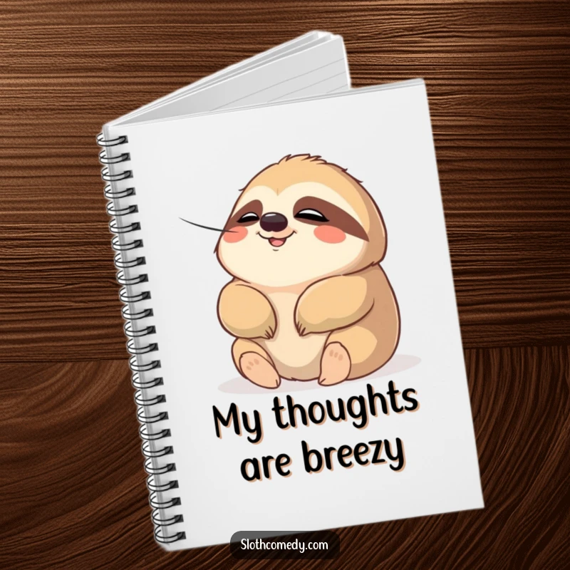 Funny notebook featuring a chubby sloth character with a relaxed expression, enjoying a gentle breeze, designed for capturing calm thoughts. A humorous journal.