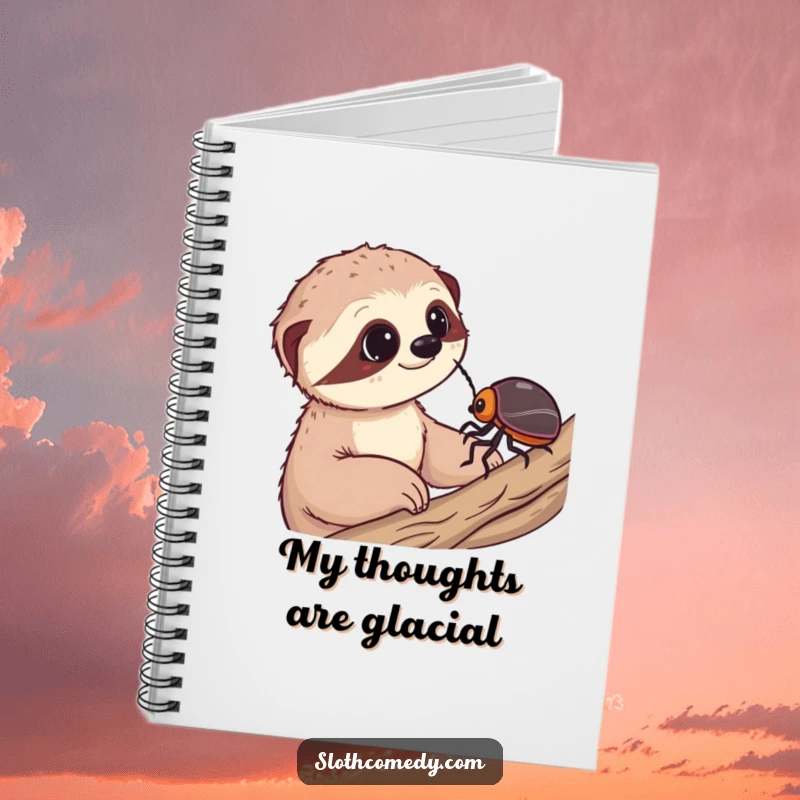 Funny notebook with a sloth observing a slow beetle, perfect for capturing thoughts with a touch of humorous wonder.