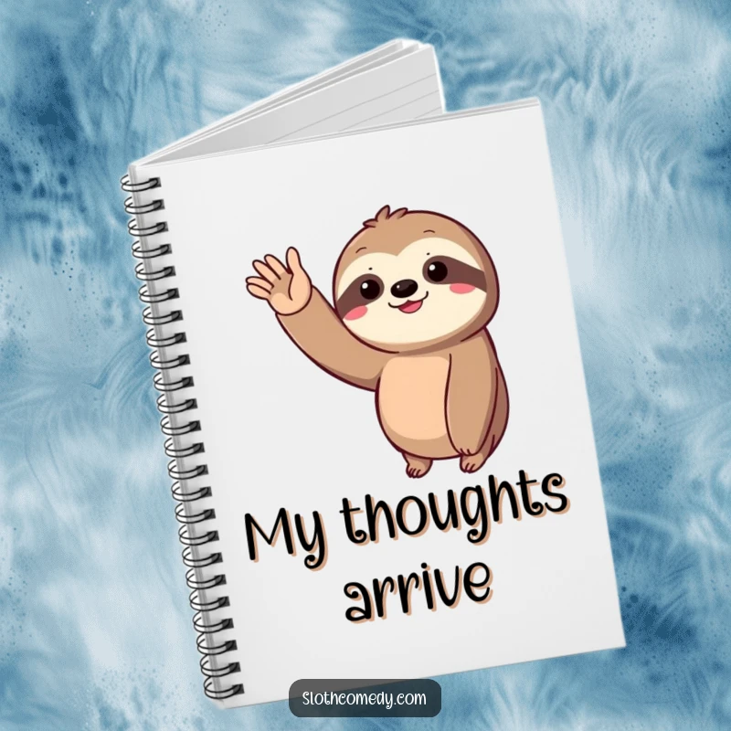 Funny Notebook with a sloth extending its arm for a slow, joyful wave, inspiring thoughtful writing.