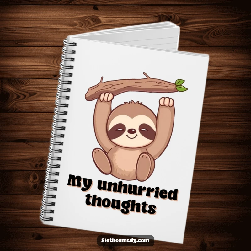 Funny kawaii sloth notebook featuring a slow-smiling sloth hanging from a branch, ideal for jotting down thoughts slowly.