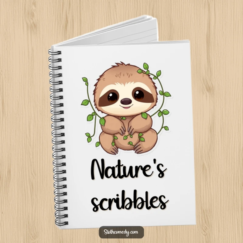Funny Notebook featuring a sloth with small vines playfully wrapped around its limbs, perfect for journaling and nature-inspired creativity.