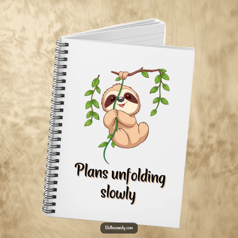 Funny notebook with a cover illustration of a cute sloth playfully tangled in a hanging vine, perfect for journaling.