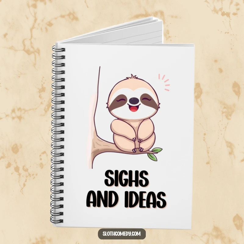 Funny notebook cover showcasing a content sloth sighing happily while swaying, perfect for capturing relaxed thoughts and ideas humorously.