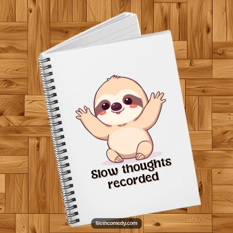 Funny kawaii sloth doing a very slow, deliberate wave on a notebook, for humorously recording slow thoughts.