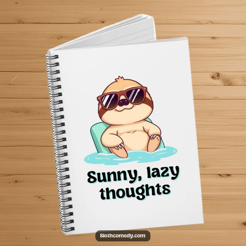 Funny notebook cover showcasing a cool sloth in sunglasses enjoying a sunbath, perfect for jotting down relaxed thoughts humorously.
