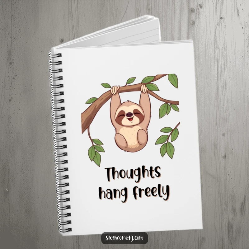 Funny notebook with a cover showing a sloth giggling while hanging upside down from a branch, perfect for jotting down happy thoughts.