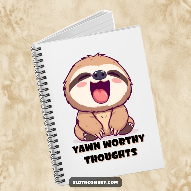 Funny sloth notebook cover featuring a sloth yawning widely with its pink mouth, ideal for calm note-taking.