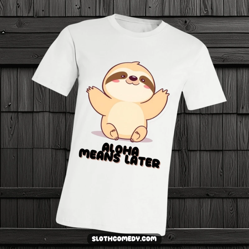 Funny T-Shirt: A cute kawaii sloth performing a very slow, gentle wave, embodying calm greetings and friendly vibes.