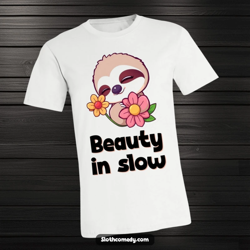Funny t-shirt featuring a sloth character giving a slow, sleepy wink to a colorful flower, radiating charm and humor.