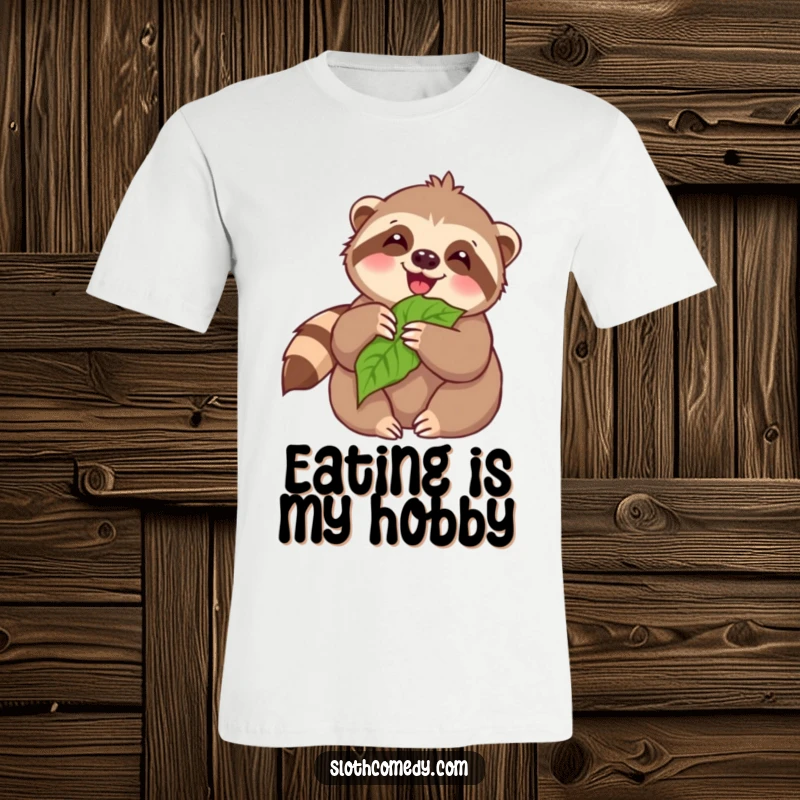 Funny T-Shirt: A cute kawaii sloth happily munching on a leaf, embodying joy and a love for food.