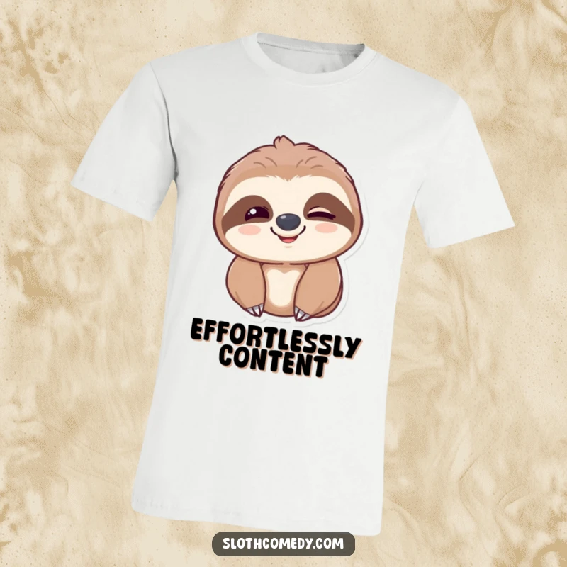Funny sloth t-shirt featuring a sloth with a slow blink and a contented smile, radiating inner peace and happiness.