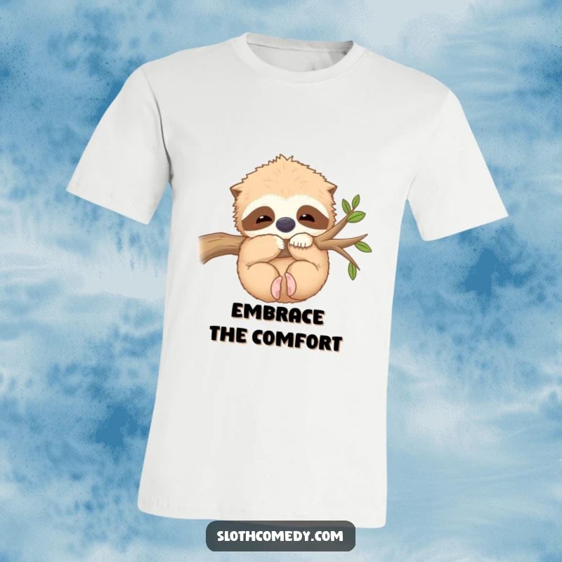 Funny T-Shirt: A cute kawaii sloth hugs a fuzzy branch with utter contentment, embodying pure comfort, a great funny gift.