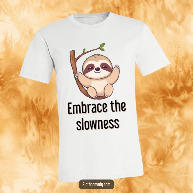 Funny Kawaii Sloth T-Shirt: A charming sloth with a slow smile hangs leisurely from a branch, embodying ultimate relaxation and happiness.