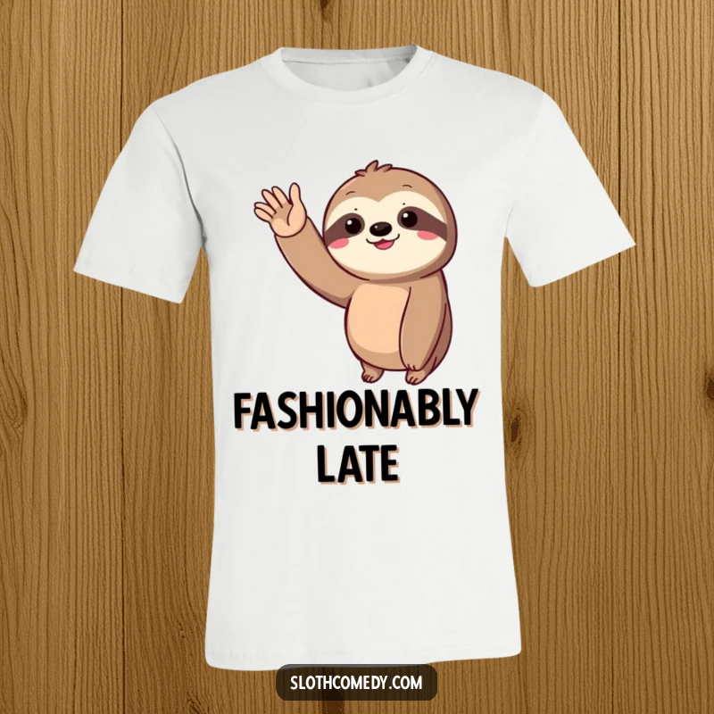 Funny T-Shirt depicting a sloth extending its long arm for a slow, joyful wave, radiating pure, relaxed cheerfulness.