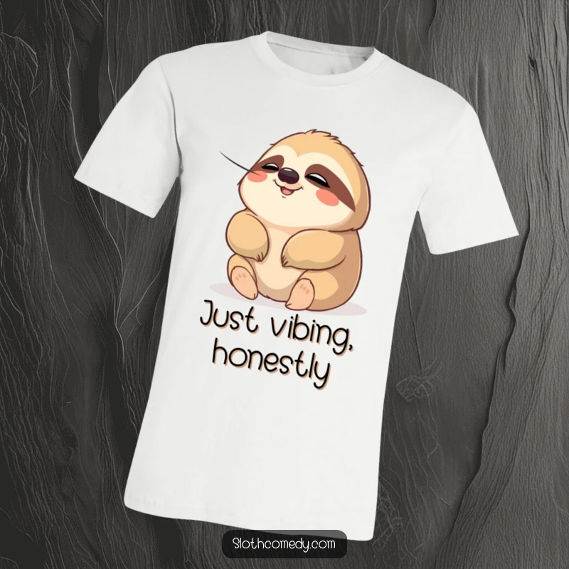 Funny t-shirt with a chubby sloth character looking utterly relaxed, eyes closed, as a gentle breeze blows. A humorous design for relaxation.