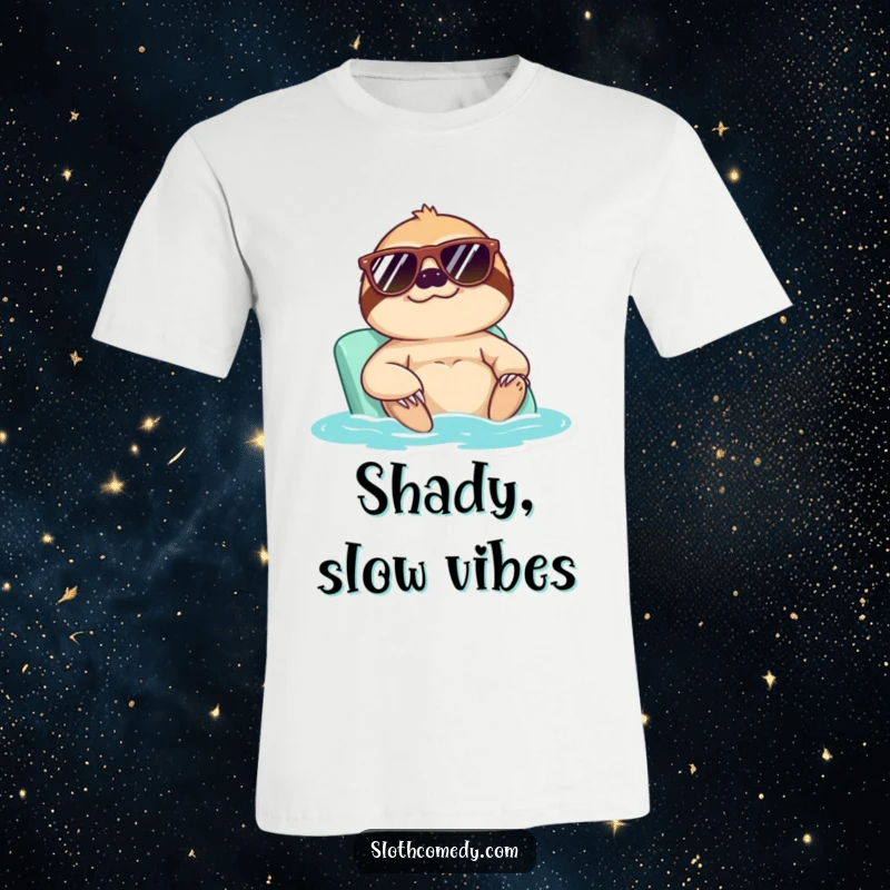 Funny t-shirt depicting a relaxed sloth wearing sunglasses, enjoying a sunbath, embodying coolness and carefree summer vibes humorously.