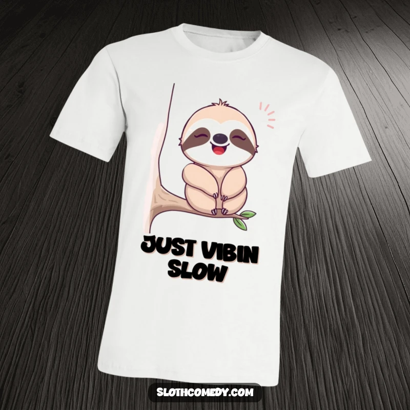 Funny t-shirt featuring a content sloth sighing happily while swaying gently, capturing the essence of ultimate relaxation and joy.