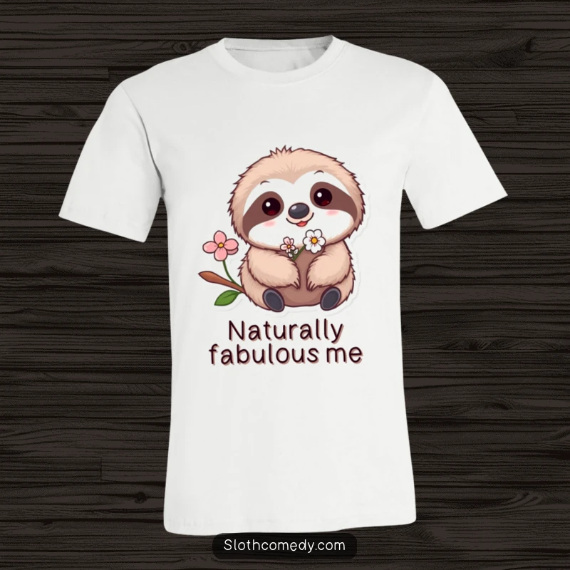 Funny Kawaii Sloth Flower T-Shirt featuring a cute sloth with a tiny flower in its fur, embodying gentle humor and charm.