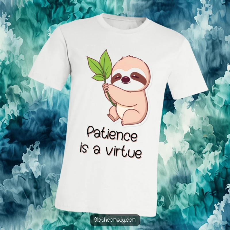 Funny Kawaii Sloth Leaf T-Shirt featuring a cute sloth slowly reaching for a leaf, embodying patience and humorous enjoyment.