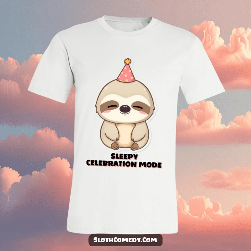 Funny kawaii sloth t-shirt featuring a sleepy sloth wearing a tiny party hat, ready for a celebration or a snooze.