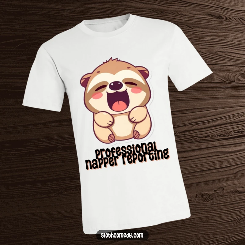 Funny Kawaii Sloth T-Shirt, showcasing a cute sloth with droopy, sleepy eyes, captured mid-yawn, an adorable and humorous design for relaxation lovers.